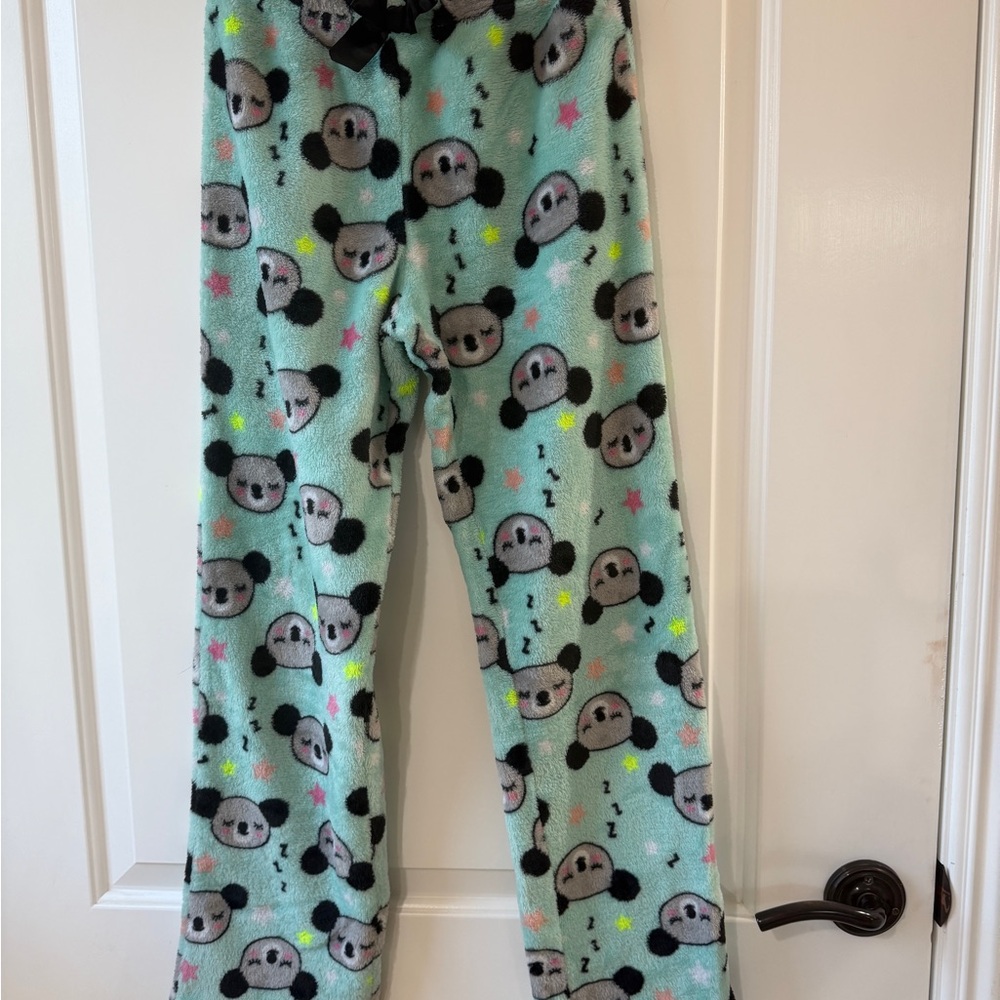 Girls Mint Plush Pajama Pants with Panda Faces